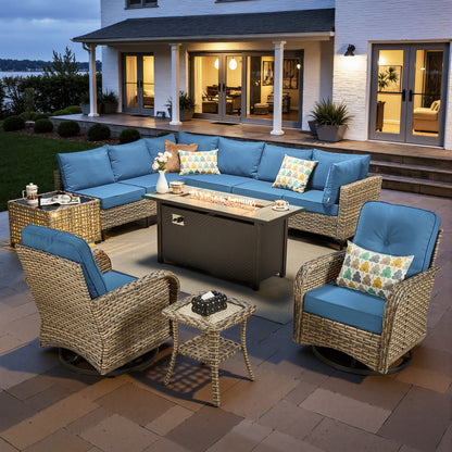 Toject 11 Pieces Patio Furniture Set All Weather Wicker Outdoor Conversation Set with 54" Fire Pit Outside Furniture Patio Sofa with Swivel Chairs & Solar Table
