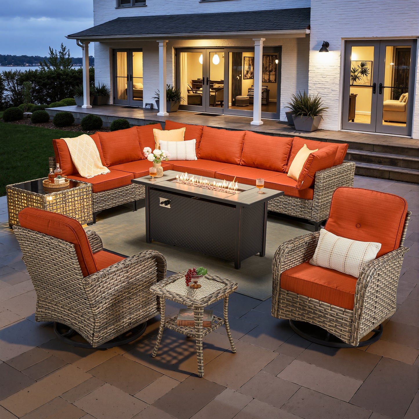 Toject 11 Pieces Patio Furniture Set All Weather Wicker Outdoor Conversation Set with 54" Fire Pit Outside Furniture Patio Sofa with Swivel Chairs & Solar Table