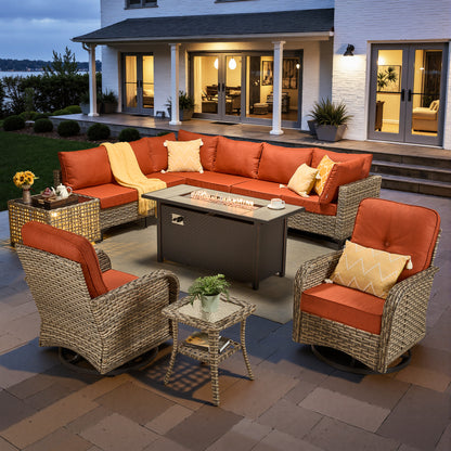 Toject 11 Pieces Patio Furniture Set All Weather Wicker Outdoor Conversation Set with 54" Fire Pit Outside Furniture Patio Sofa with Swivel Chairs & Solar Table