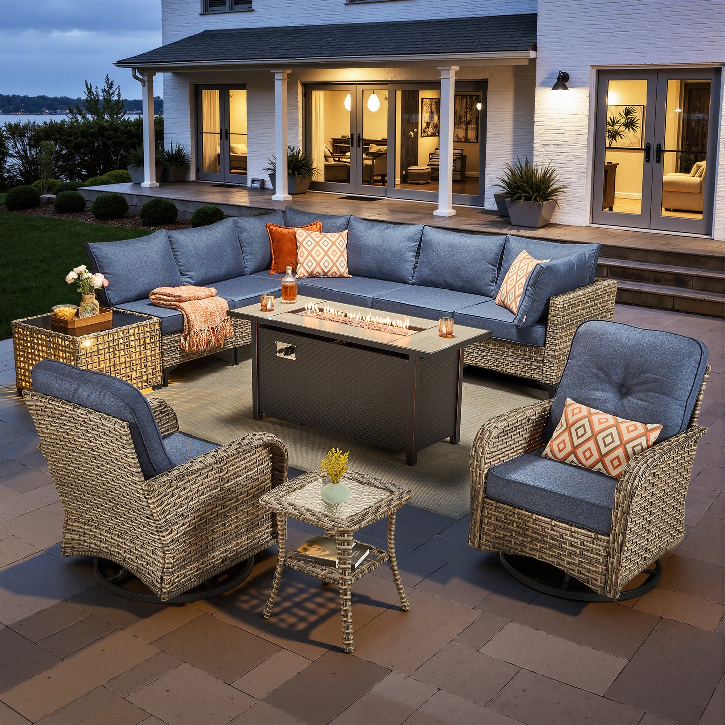 Toject 11 Pieces Patio Furniture Set All Weather Wicker Outdoor Conversation Set with 54" Fire Pit Outside Furniture Patio Sofa with Swivel Chairs & Solar Table
