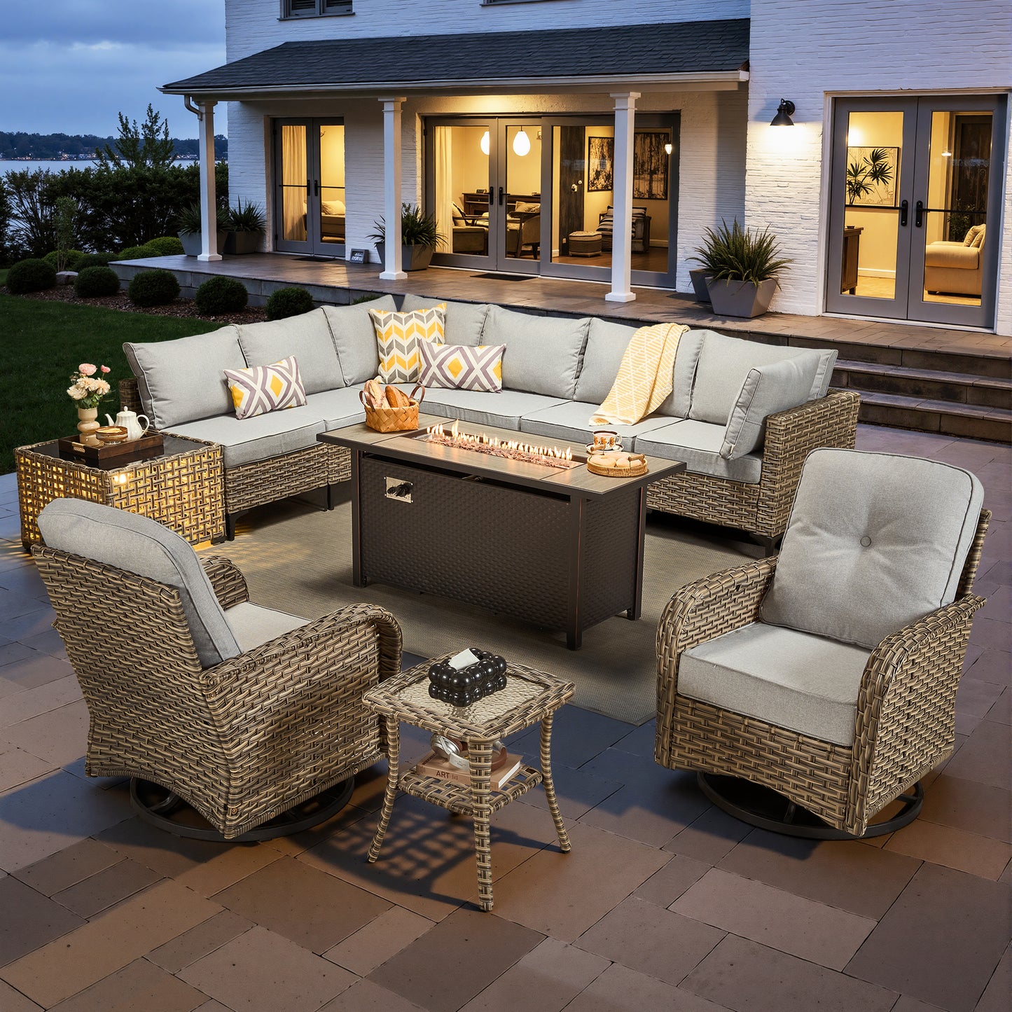 Toject 11 Pieces Patio Furniture Set All Weather Wicker Outdoor Conversation Set with 54" Fire Pit Outside Furniture Patio Sofa with Swivel Chairs & Solar Table