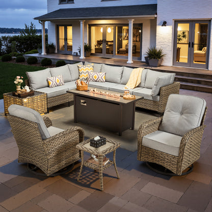 Toject 11 Pieces Patio Furniture Set All Weather Wicker Outdoor Conversation Set with 54" Fire Pit Outside Furniture Patio Sofa with Swivel Chairs & Solar Table