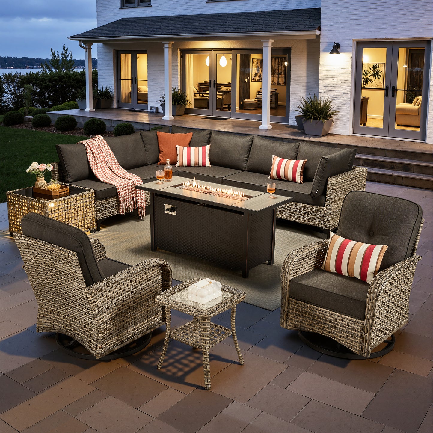 Toject 11 Pieces Patio Furniture Set All Weather Wicker Outdoor Conversation Set with 54" Fire Pit Outside Furniture Patio Sofa with Swivel Chairs & Solar Table