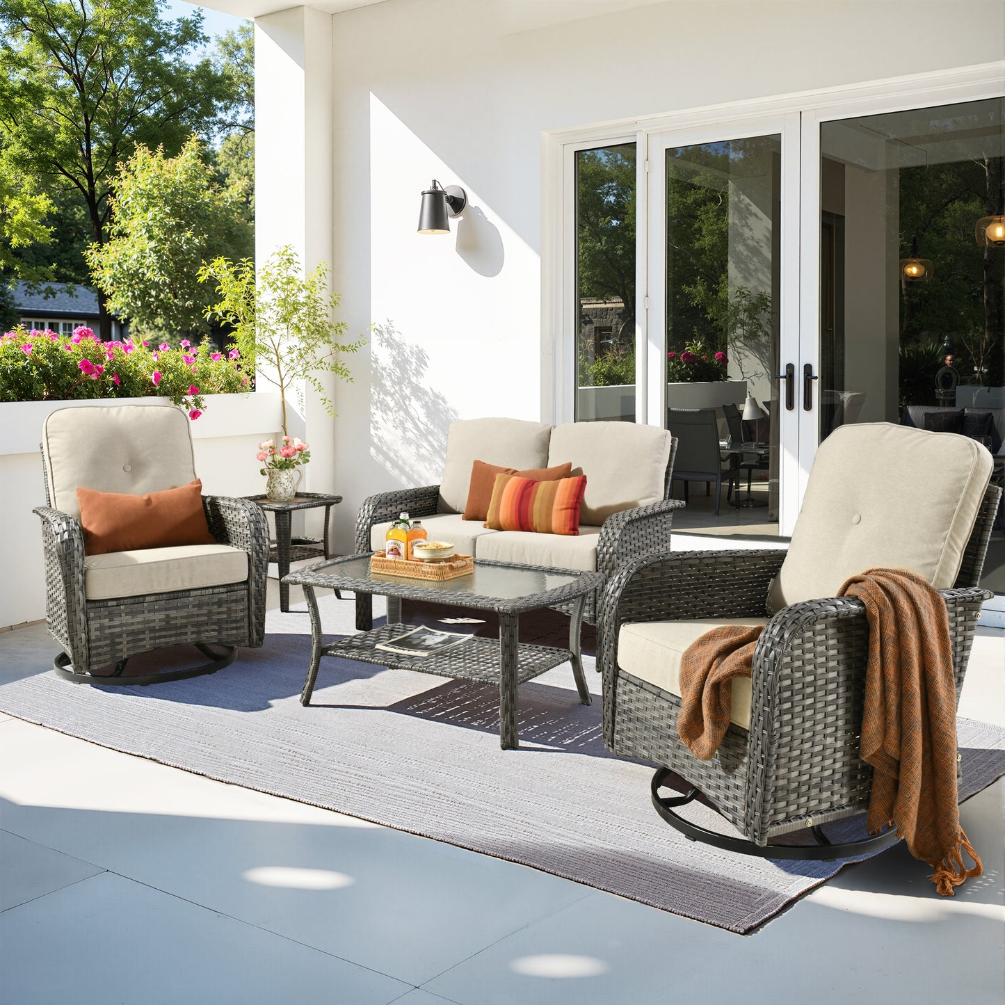 Toject 4 Pieces Patio Furniture Set, All-Weather Wicker Outdoor Furniture Loveseat Table Chairs Set for Porch, High Back Conversation Set for Backyard, Balcony, Denim Blue