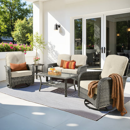 Toject 4 Pieces Patio Furniture Set, All-Weather Wicker Outdoor Furniture Loveseat Table Chairs Set for Porch, High Back Conversation Set for Backyard, Balcony, Denim Blue