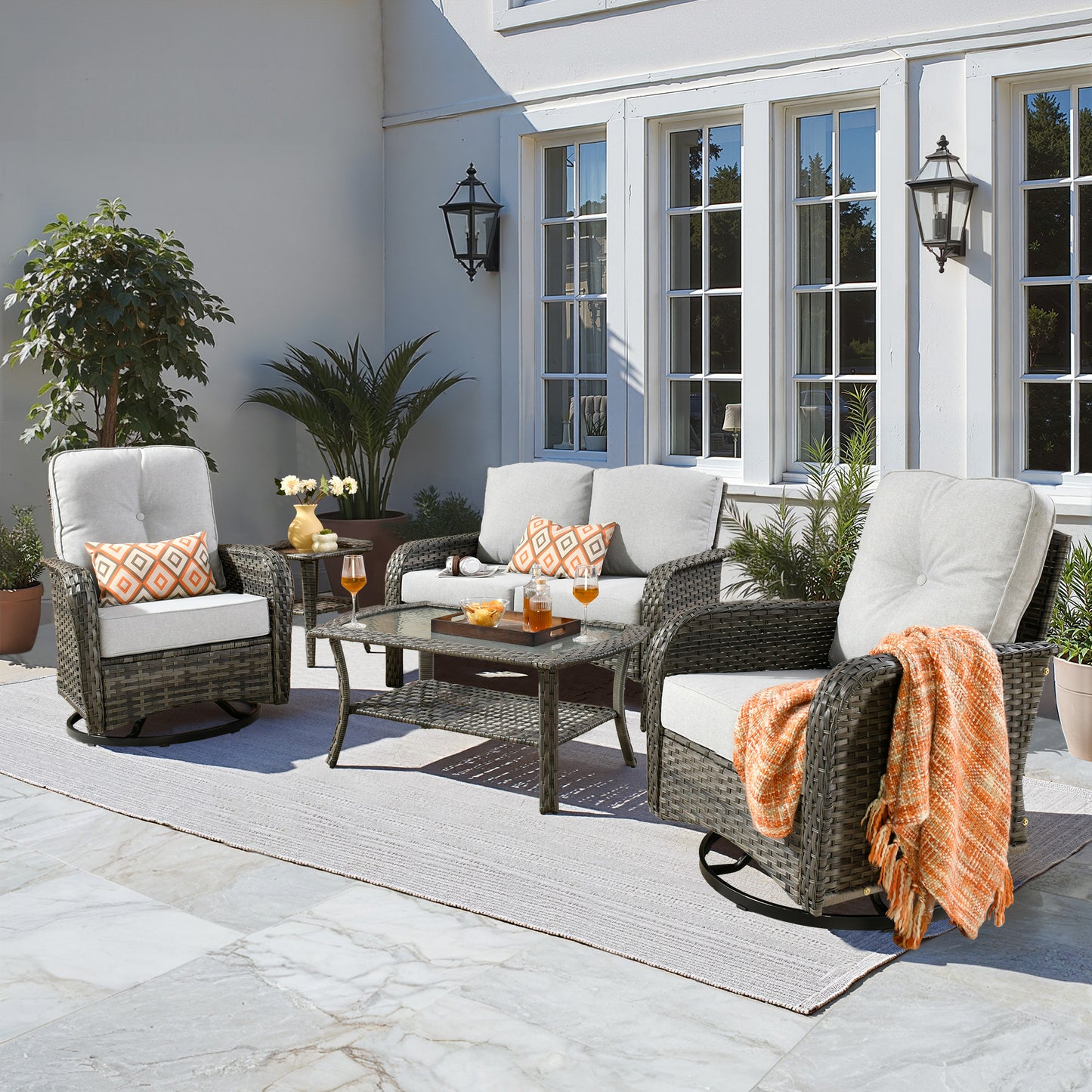 Toject 4 Pieces Patio Furniture Set, All-Weather Wicker Outdoor Furniture Loveseat Table Chairs Set for Porch, High Back Conversation Set for Backyard, Balcony, Denim Blue