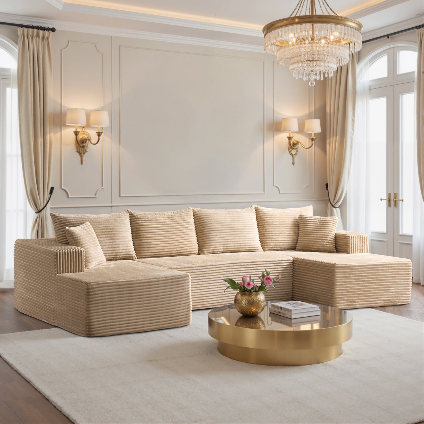 Toject 135" Modular Sectional Sofa, Cloud Modern Sleeper Couch with Chaise Lounge, No Assembly Required, U-shaped Plush Corduroy Sofa Couch for Living Room