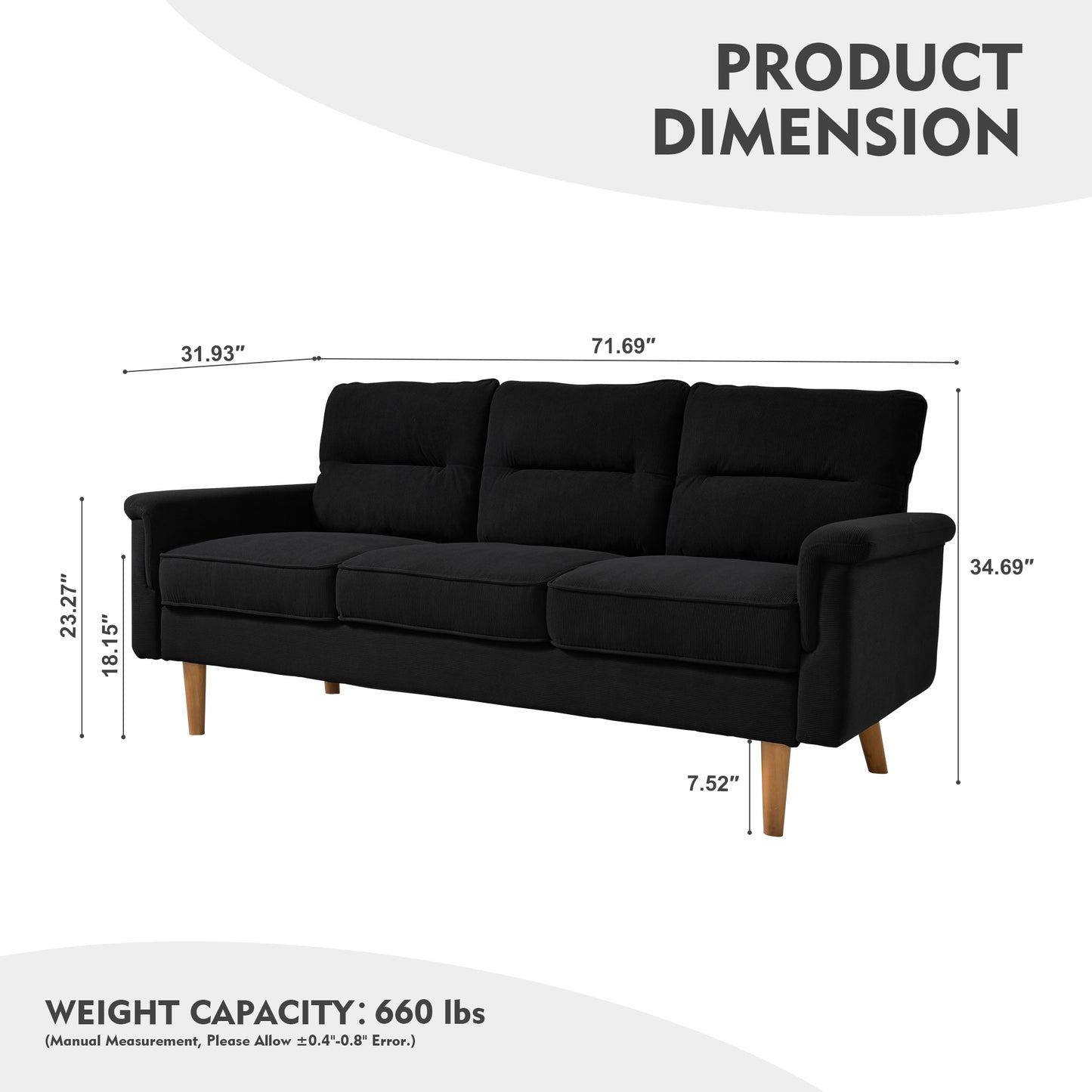 Toject 72" Three-Seat Sofa, Nordic Style Living Room Sofa, Pit Stripe Fabric, Cat-Scratch-Proof And Easy To Install Sofa For Different House Types