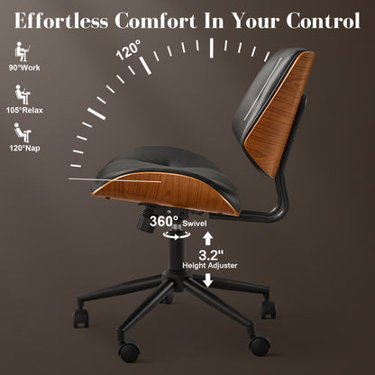 Toject Office Chair, Task Chair with Wooden Back, Mid-Century Modern Computer Chair, Armless Desk Chair for Home Office, Black