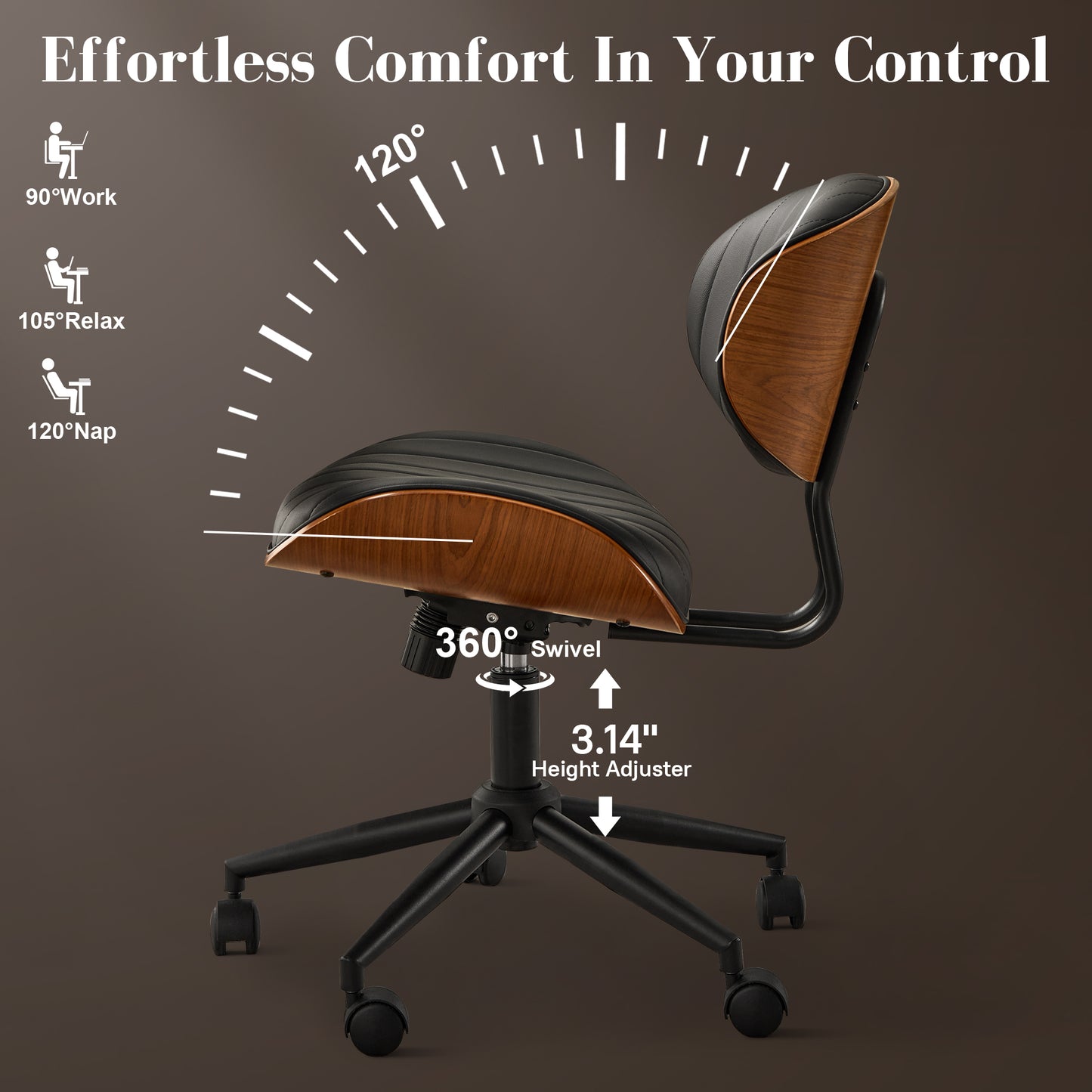 Toject Office Chair, Task Chair with Stripes Wooden Back, Mid-Century Modern Computer Chair, Armless Desk Chair for Home Office, Black