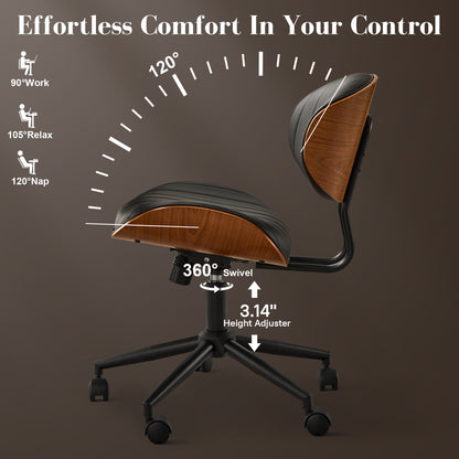 Toject Office Chair, Task Chair with Stripes Wooden Back, Mid-Century Modern Computer Chair, Armless Desk Chair for Home Office, Black