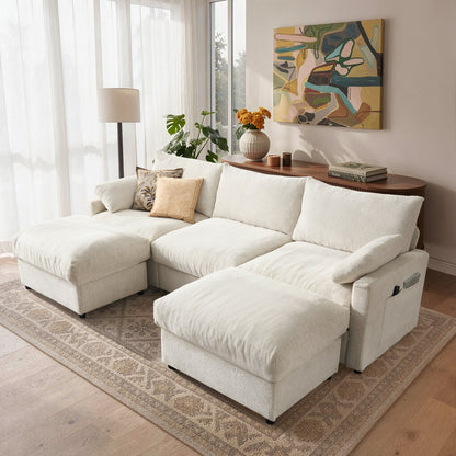 Toject 110.6" Modern U-Shape Sectional Sofa, Yarn-Dyed Chenille 4 Seat Deep Seat Sofa with 2 Movable Ottomans for Living Room Bedroom Apartment, Off-white