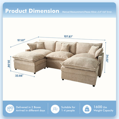 Toject 107.87" Modular Sectional Sofa U Shaped Cloud Couch, Chenille 4 Seat Deep Seat Sofa with 2 Movable Ottomans for Living Room Bedroom Apartment