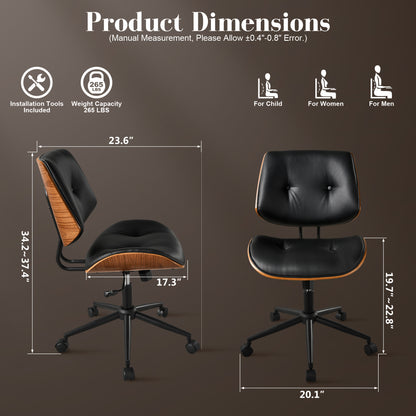 Toject Office Chair, Task Chair with Wooden Back, Mid-Century Modern Computer Chair, Armless Desk Chair for Home Office, Black