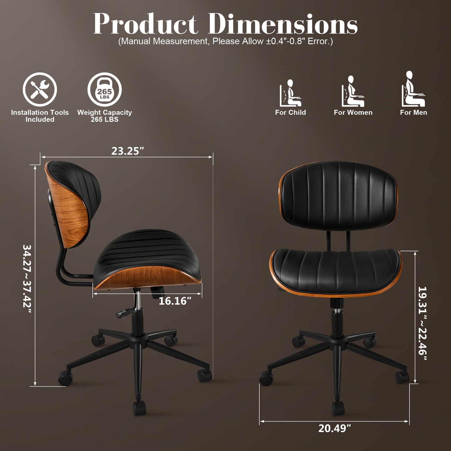 Toject Office Chair, Task Chair with Stripes Wooden Back, Mid-Century Modern Computer Chair, Armless Desk Chair for Home Office, Black