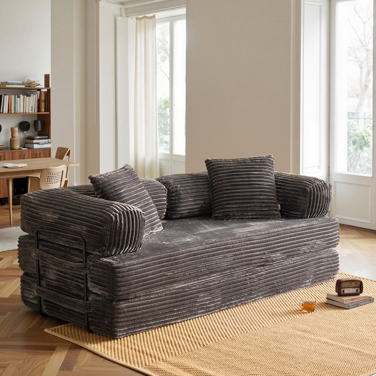 Toject 81" Convertible Sleeper Sofa Bed, Cloud Corduroy Floor Couch with Pillow, Comfy Foldable Couch Sofa Bed for Living Room, Bedroom