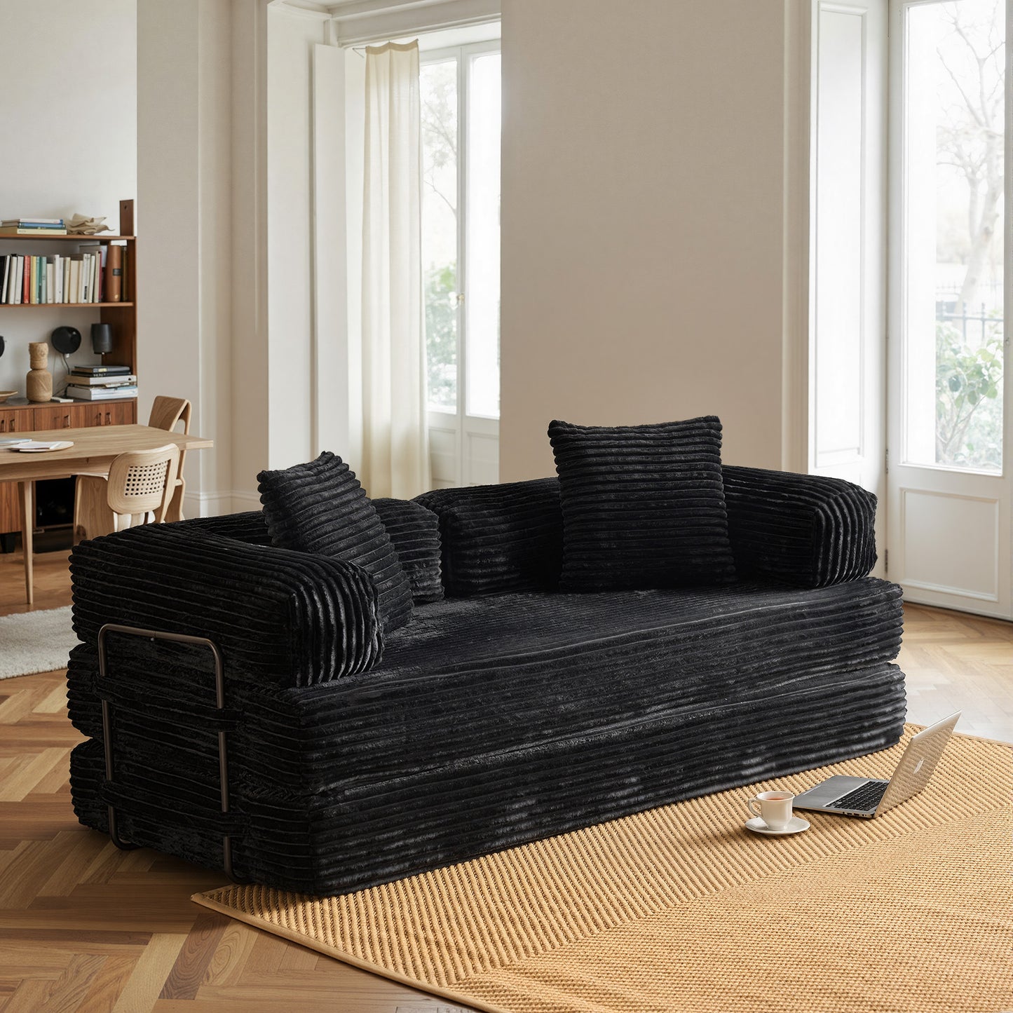 Toject 81" Convertible Sleeper Sofa Bed, Cloud Corduroy Floor Couch with Pillow, Comfy Foldable Couch Sofa Bed for Living Room, Bedroom