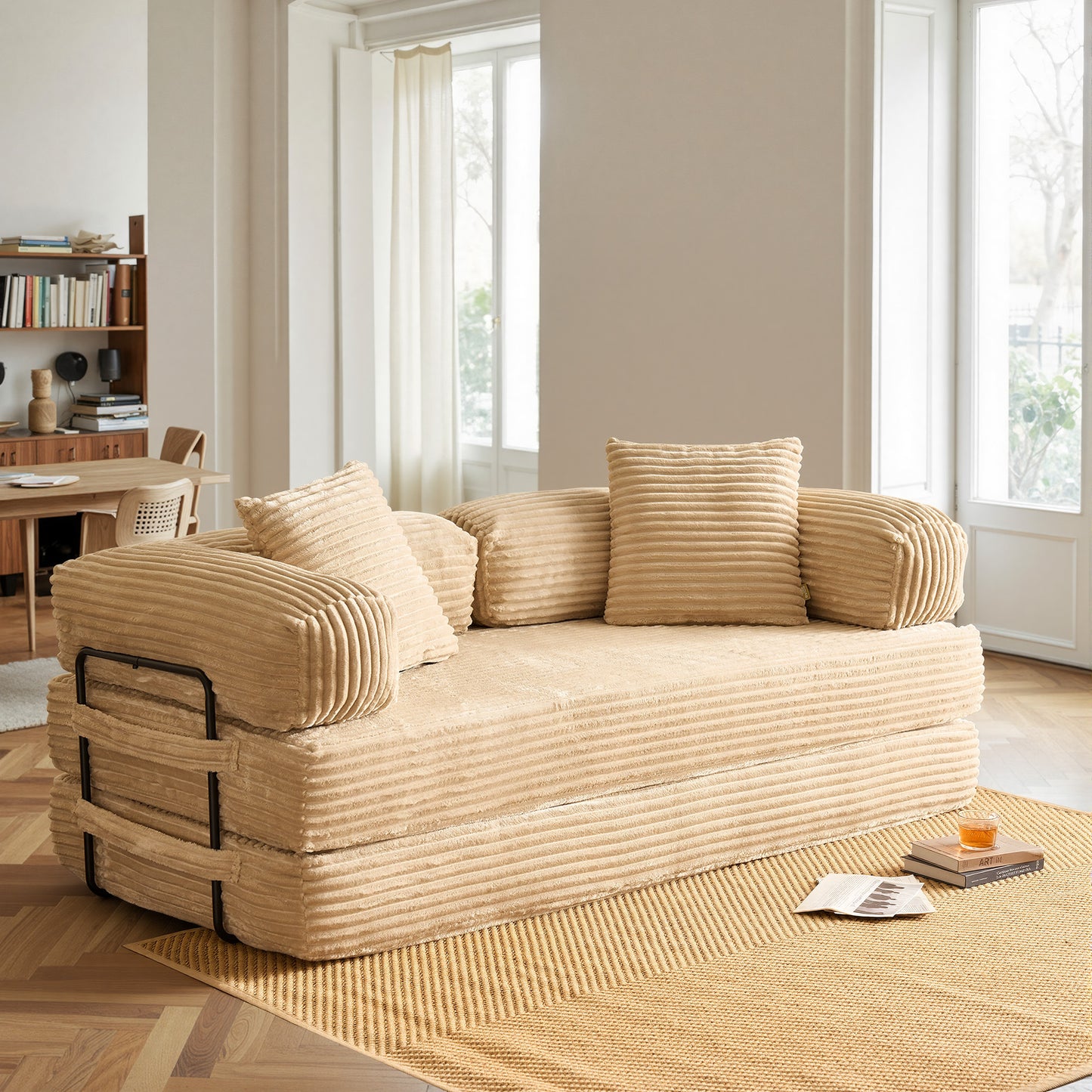 Toject 81" Convertible Sleeper Sofa Bed, Cloud Corduroy Floor Couch with Pillow, Comfy Foldable Couch Sofa Bed for Living Room, Bedroom