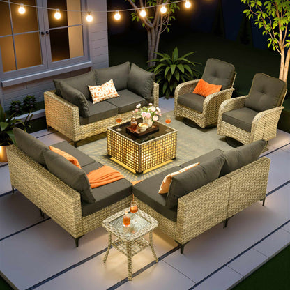 Toject 11 Pieces Patio Furniture Set All Weather Wicker Outdoor Conversation Set with 54" Fire Pit Outside Furniture Patio Sofa with Swivel Chairs & Solar Table