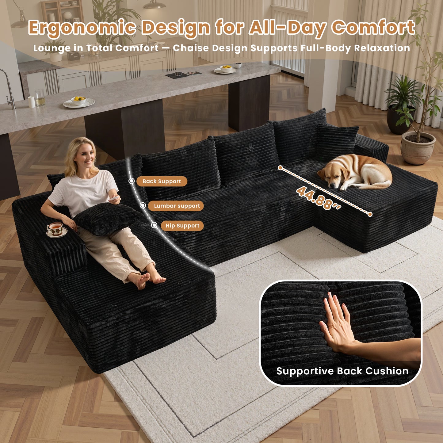 Toject 135" Modular Sectional Sofa, Cloud Modern Sleeper Couch with Chaise Lounge, No Assembly Required, U-shaped Plush Corduroy Sofa Couch for Living Room
