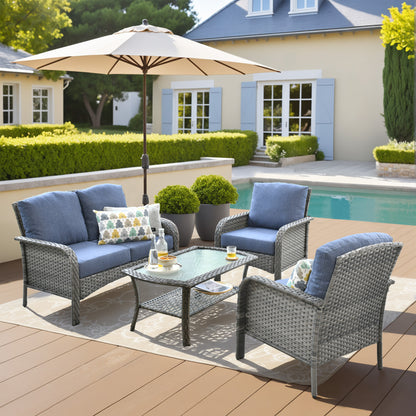 Toject 4 Pieces Patio Furniture Set, All-Weather Wicker Outdoor Furniture Loveseat Table Chairs Set for Porch, High Back Conversation Set for Backyard, Balcony, Denim Blue