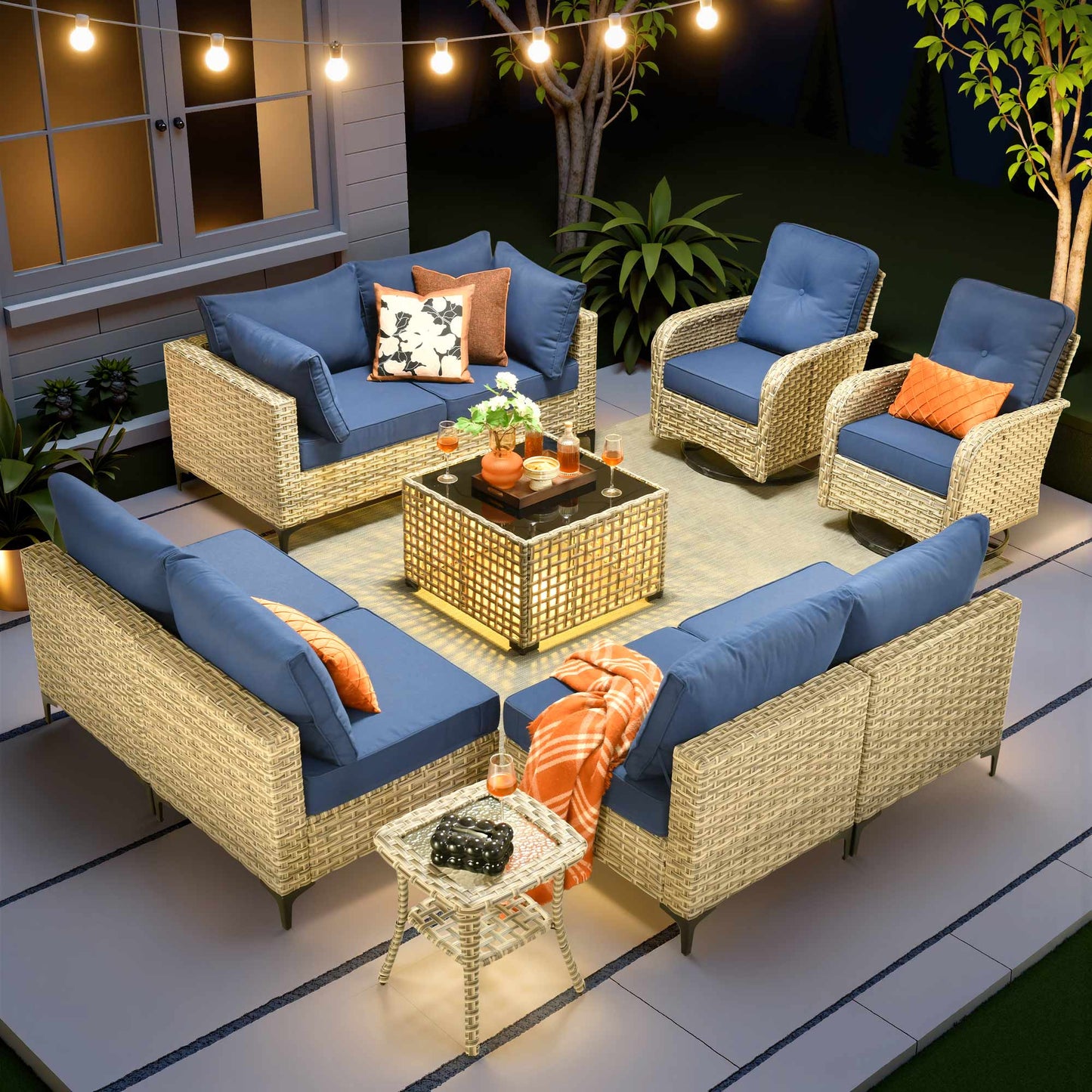 Toject 11 Pieces Patio Furniture Set All Weather Wicker Outdoor Conversation Set with 54" Fire Pit Outside Furniture Patio Sofa with Swivel Chairs & Solar Table