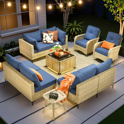 Toject 11 Pieces Patio Furniture Set All Weather Wicker Outdoor Conversation Set with 54" Fire Pit Outside Furniture Patio Sofa with Swivel Chairs & Solar Table