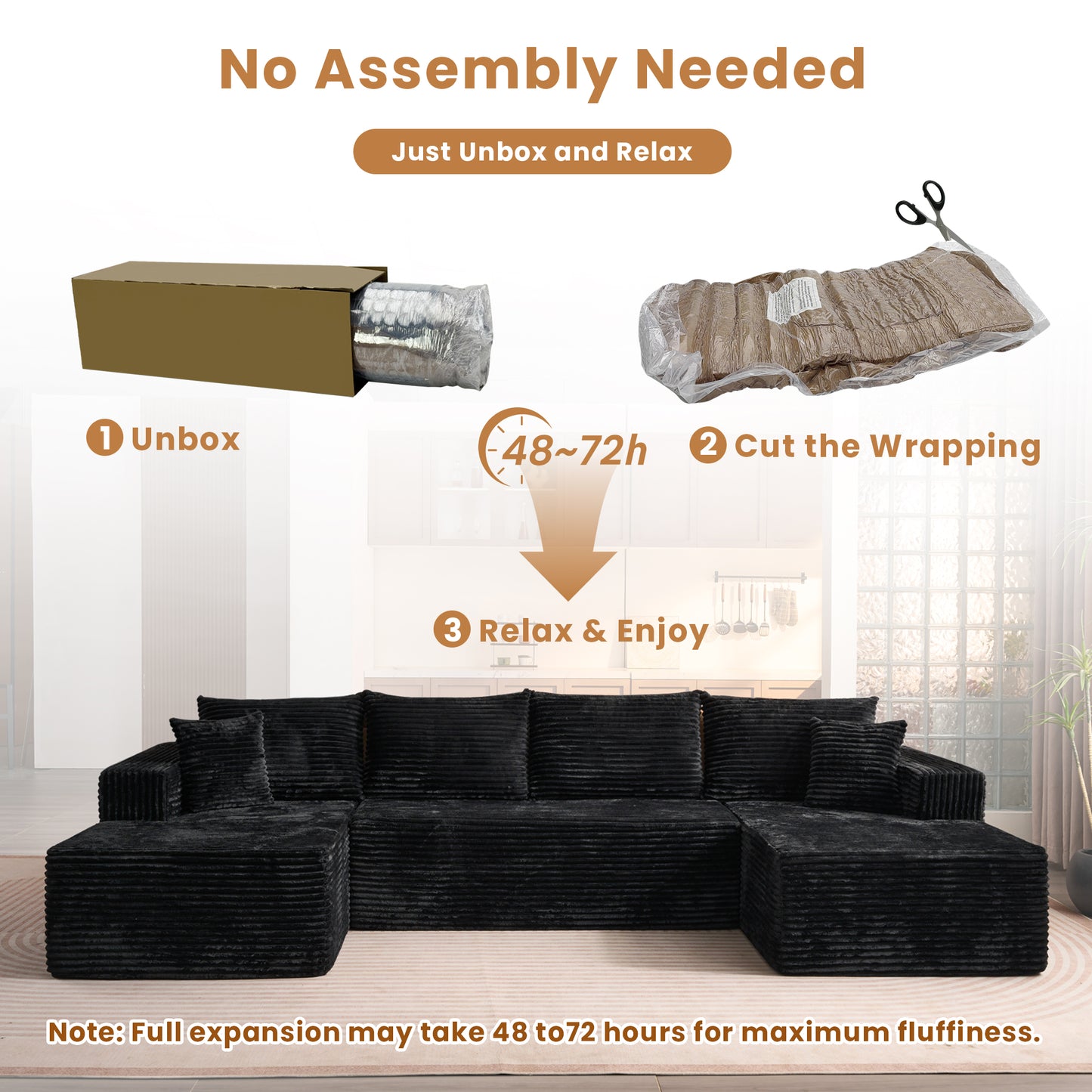 Toject 135" Modular Sectional Sofa, Cloud Modern Sleeper Couch with Chaise Lounge, No Assembly Required, U-shaped Plush Corduroy Sofa Couch for Living Room