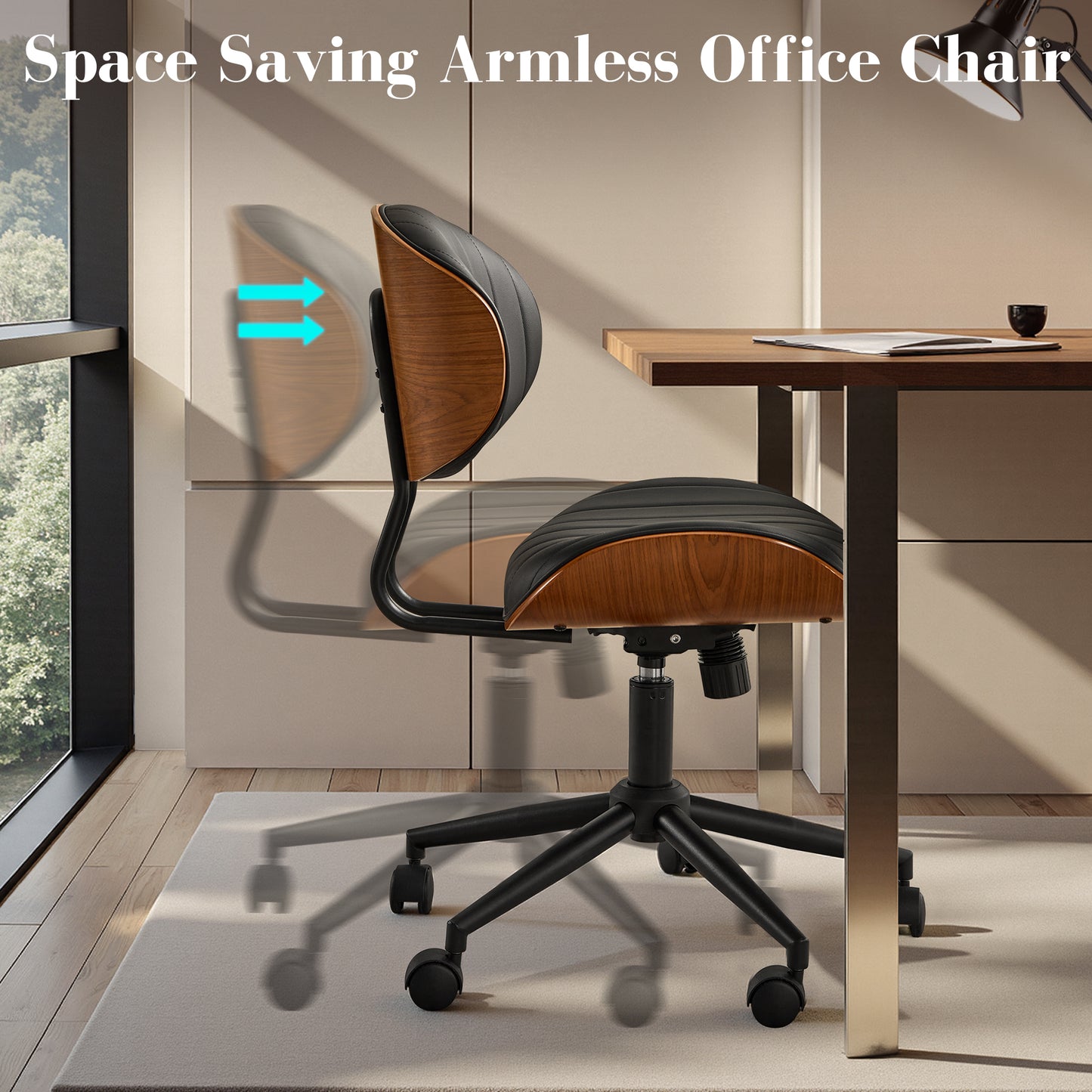 Toject Office Chair, Task Chair with Stripes Wooden Back, Mid-Century Modern Computer Chair, Armless Desk Chair for Home Office, Black
