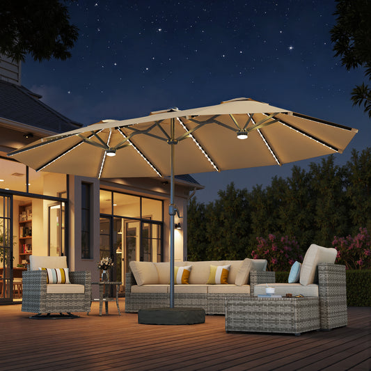 Toject 15ft Large Patio Umbrellas with Solar Lights, Double-Sided Outdoor Market Rectangle Umbrellas with Colorful LED Lights for Backyard, Outside