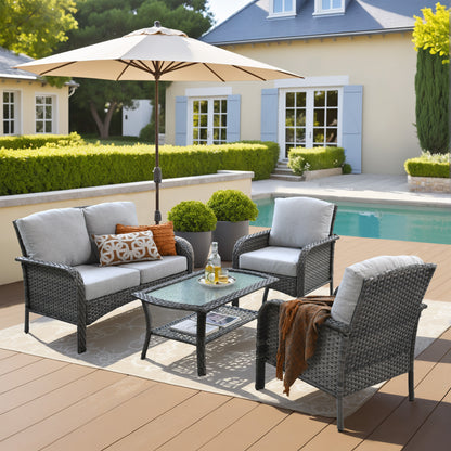 Toject 4 Pieces Patio Furniture Set, All-Weather Wicker Outdoor Furniture Loveseat Table Chairs Set for Porch, High Back Conversation Set for Backyard, Balcony, Denim Blue