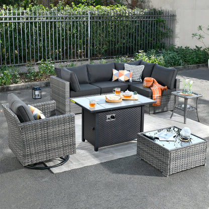 Toject 11 Pcs Paito Furniture Set, Outdoor Furniture Set with Swivel Chairs and Fire Pit
