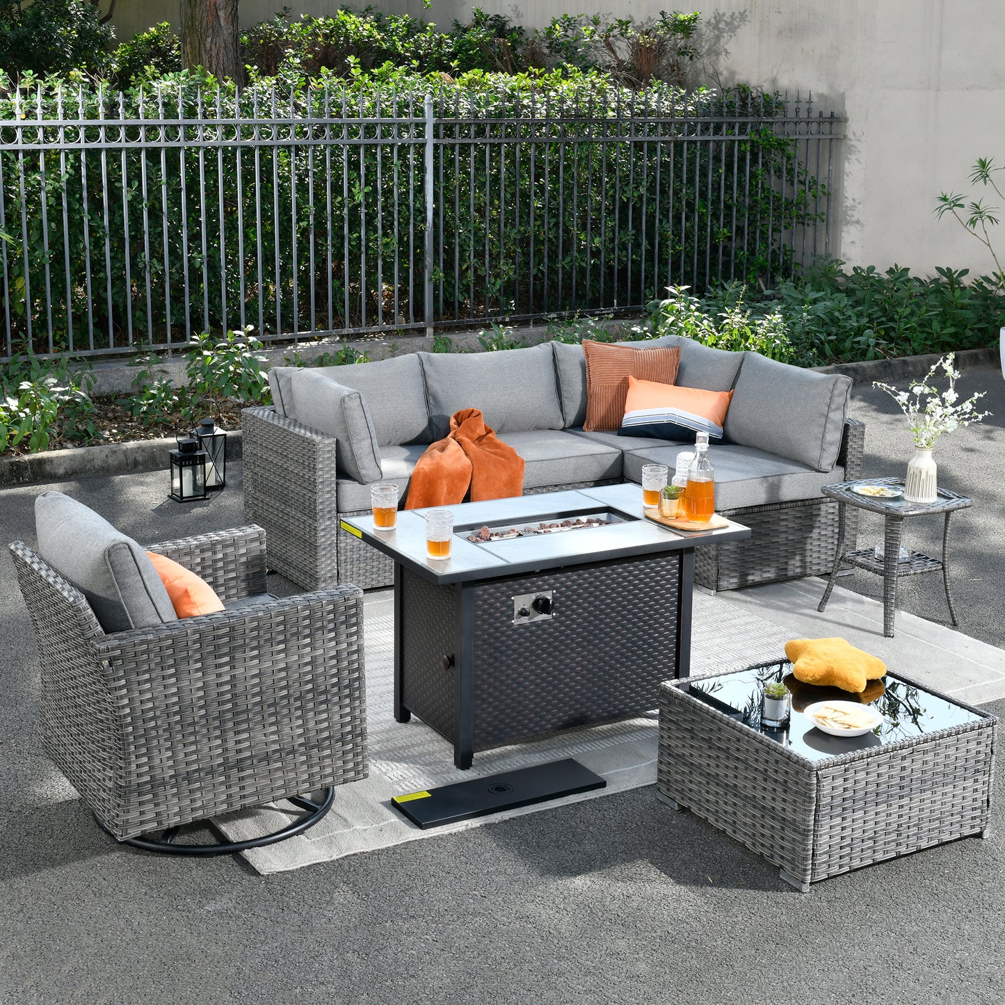 Toject 11 Pcs Paito Furniture Set, Outdoor Furniture Set with Swivel Chairs and Fire Pit