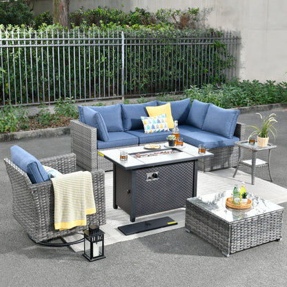 Toject 11 Pcs Paito Furniture Set, Outdoor Furniture Set with Swivel Chairs and Fire Pit