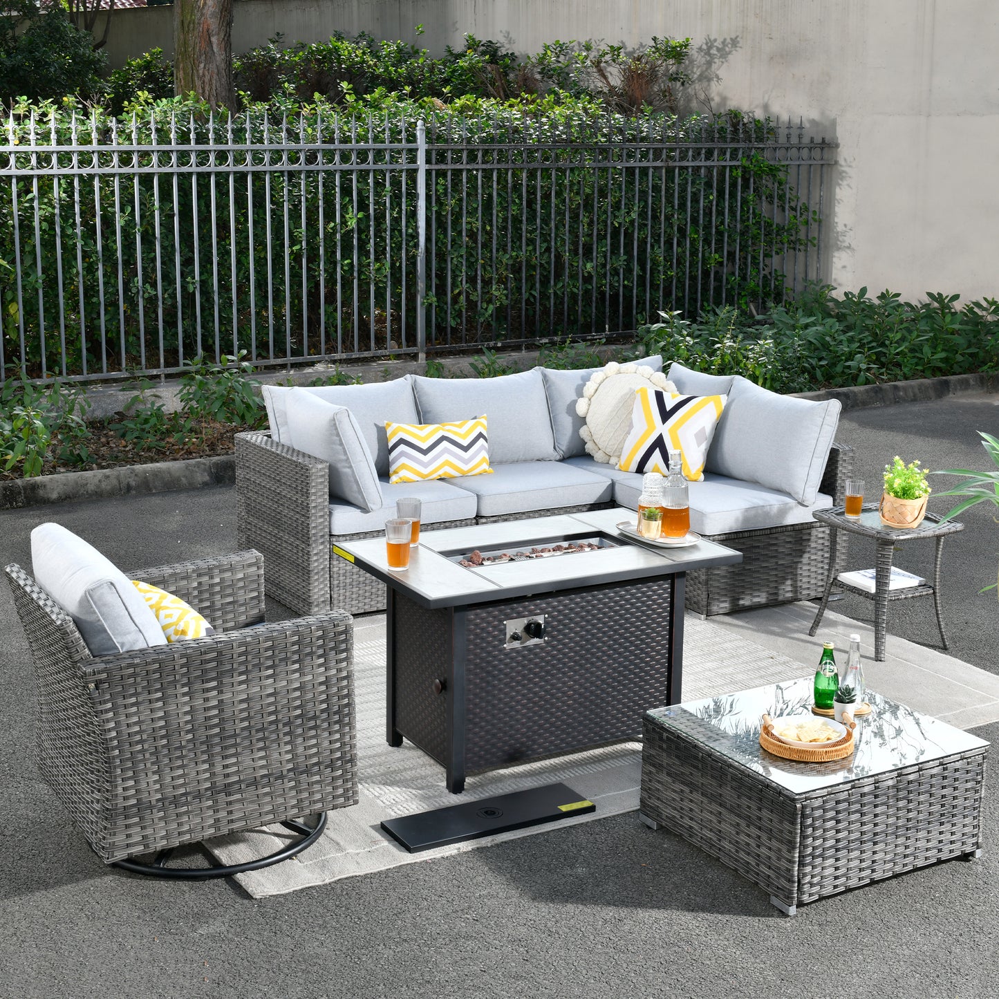 Toject 11 Pcs Paito Furniture Set, Outdoor Furniture Set with Swivel Chairs and Fire Pit