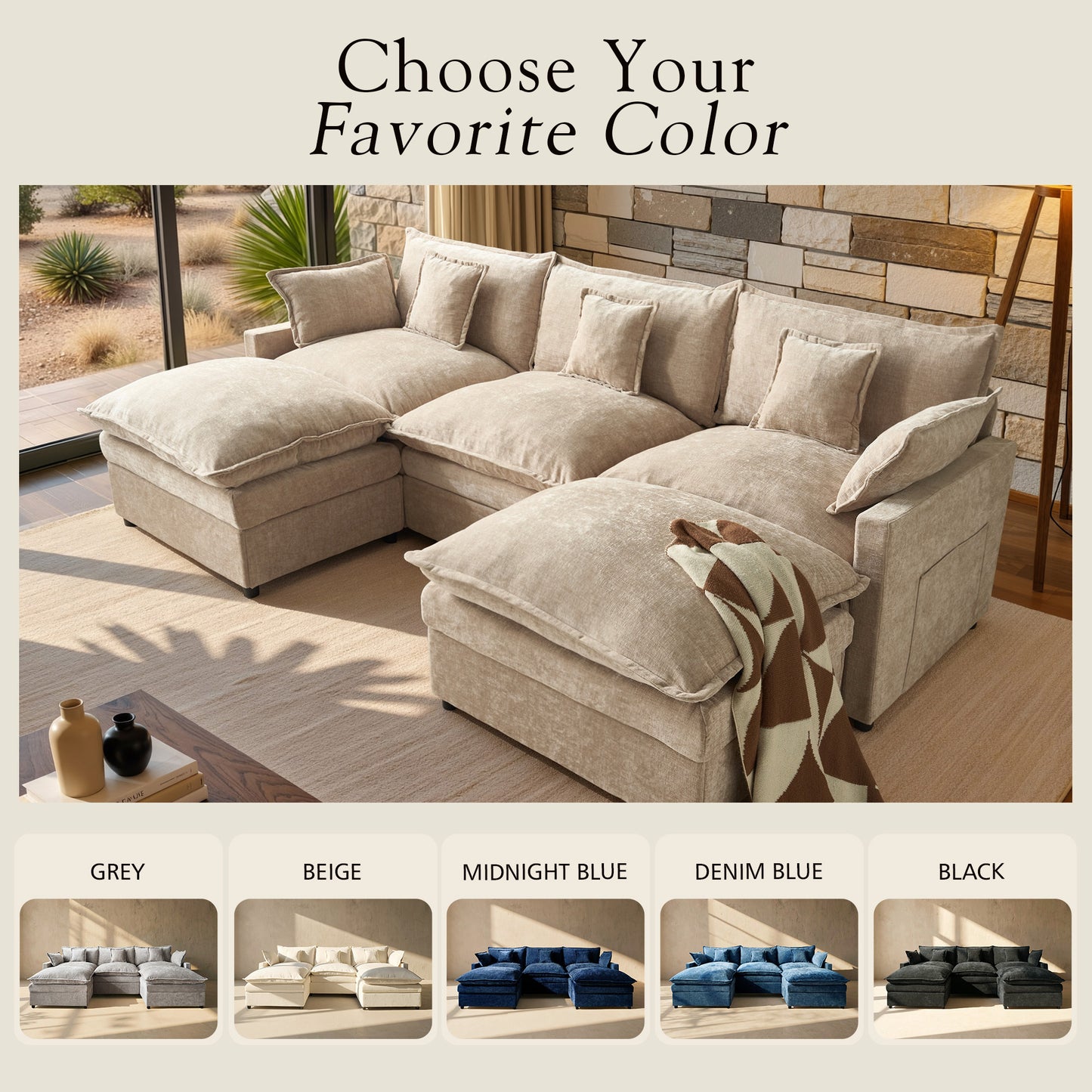 Toject 107.87" Modular Sectional Sofa U Shaped Cloud Couch, Chenille 4 Seat Deep Seat Sofa with 2 Movable Ottomans for Living Room Bedroom Apartment