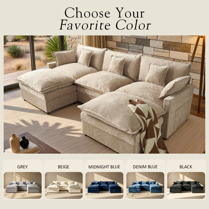 Toject 107.87" Modular Sectional Sofa U Shaped Cloud Couch, Chenille 4 Seat Deep Seat Sofa with 2 Movable Ottomans for Living Room Bedroom Apartment