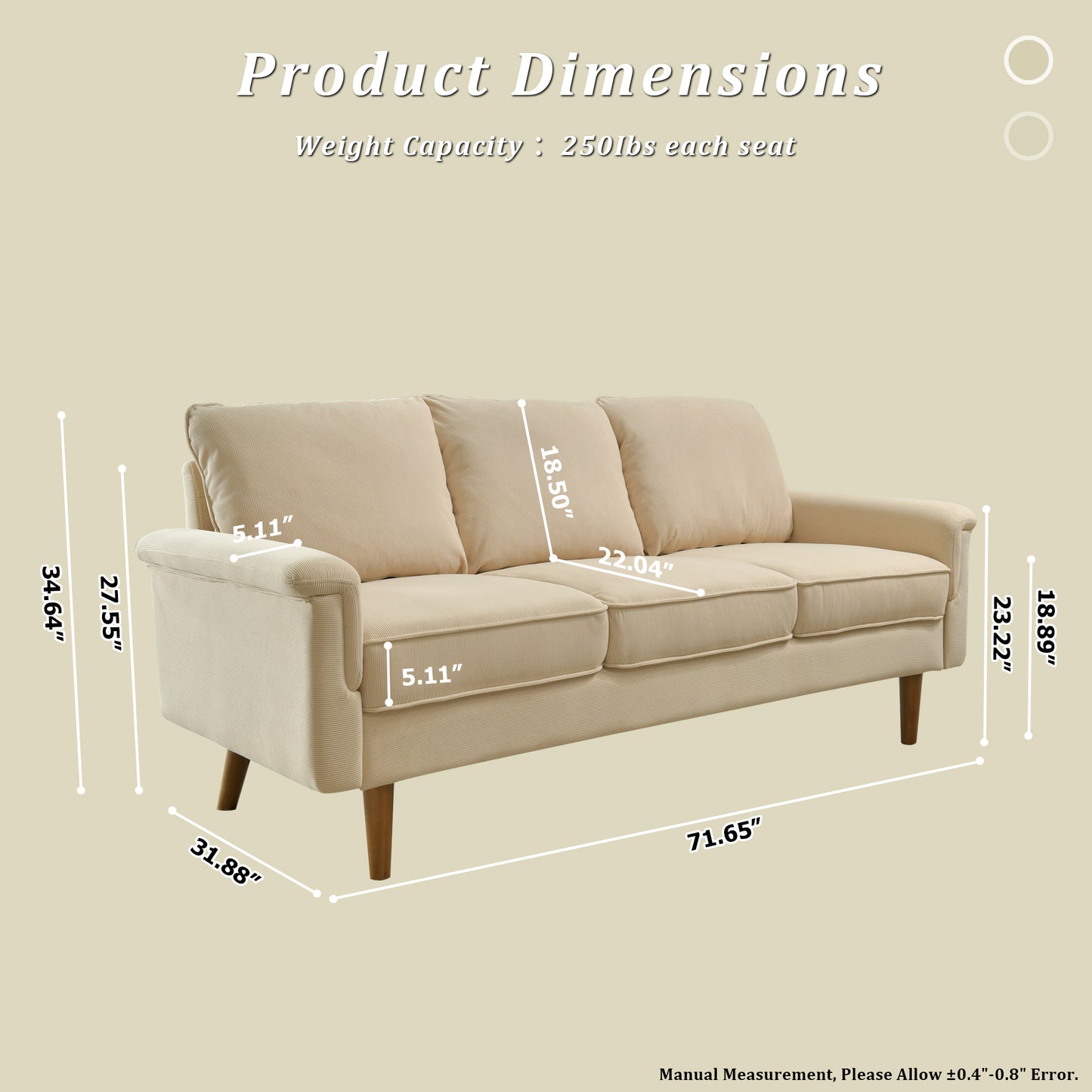 Toject 72" Three-Seat Sofa, Nordic Style Living Room Sofa, Pit Stripe Fabric, Cat-Scratch-Proof And Easy To Install Sofa For Different House Types