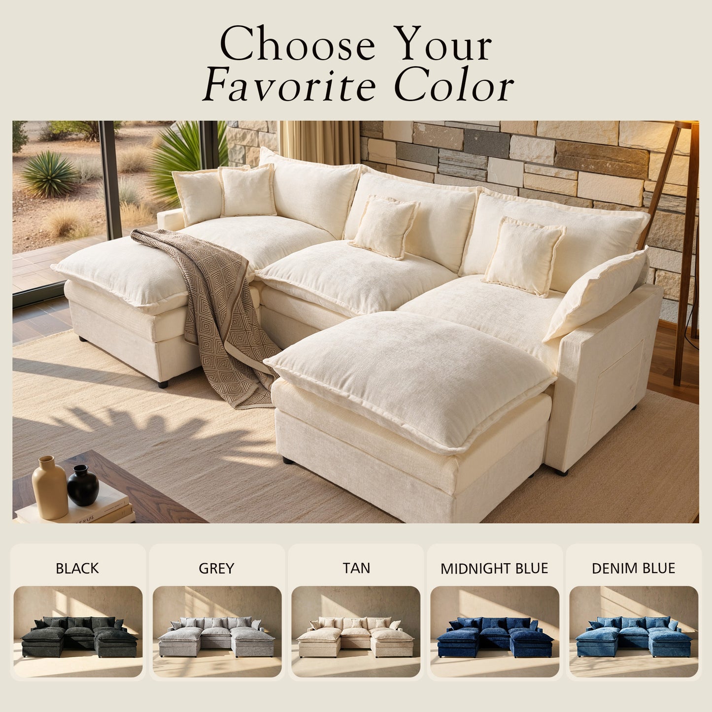 Toject 142" U-Shaped Modular Sectional Sofa, Chenille Cloud Couch with 2 Movable Ottomans, Extra Deep Seat Convertible Couch for Living Room, Apartment
