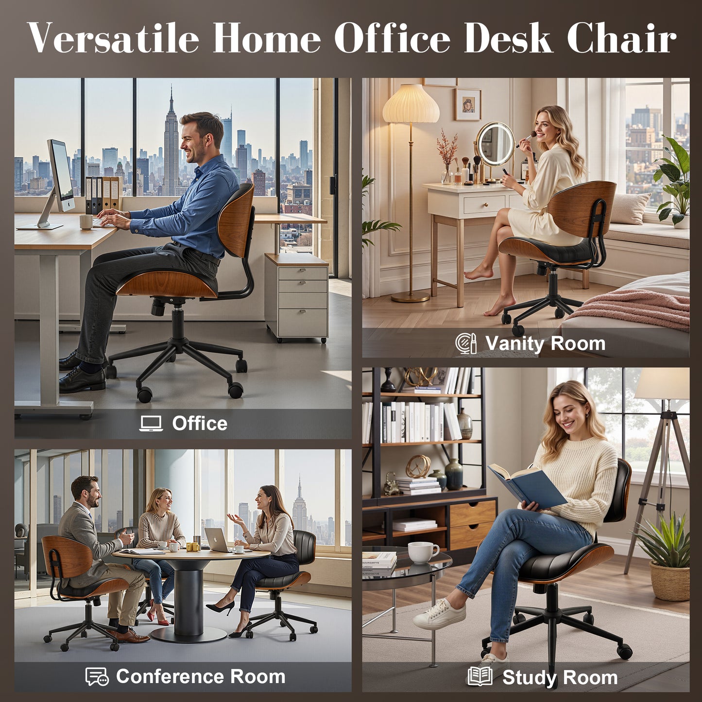 Toject Office Chair, Task Chair with Stripes Wooden Back, Mid-Century Modern Computer Chair, Armless Desk Chair for Home Office, Black