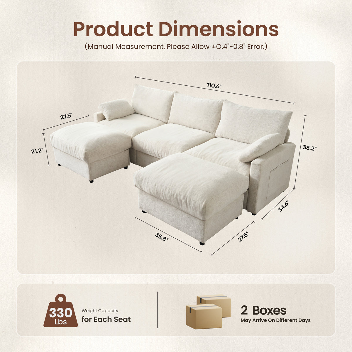 Toject 110.6" Modern U-Shape Sectional Sofa, Yarn-Dyed Chenille 4 Seat Deep Seat Sofa with 2 Movable Ottomans for Living Room Bedroom Apartment, Off-white