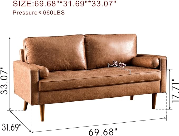 Toject  70" Loveseatwith Armrests and Comfy Cushion for Living Room, Apartment and Small Space, Suede Fabric, Brown