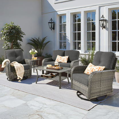 Toject 4 Pieces Patio Furniture Set, All-Weather Wicker Outdoor Furniture Loveseat Table Chairs Set for Porch, High Back Conversation Set for Backyard, Balcony, Denim Blue