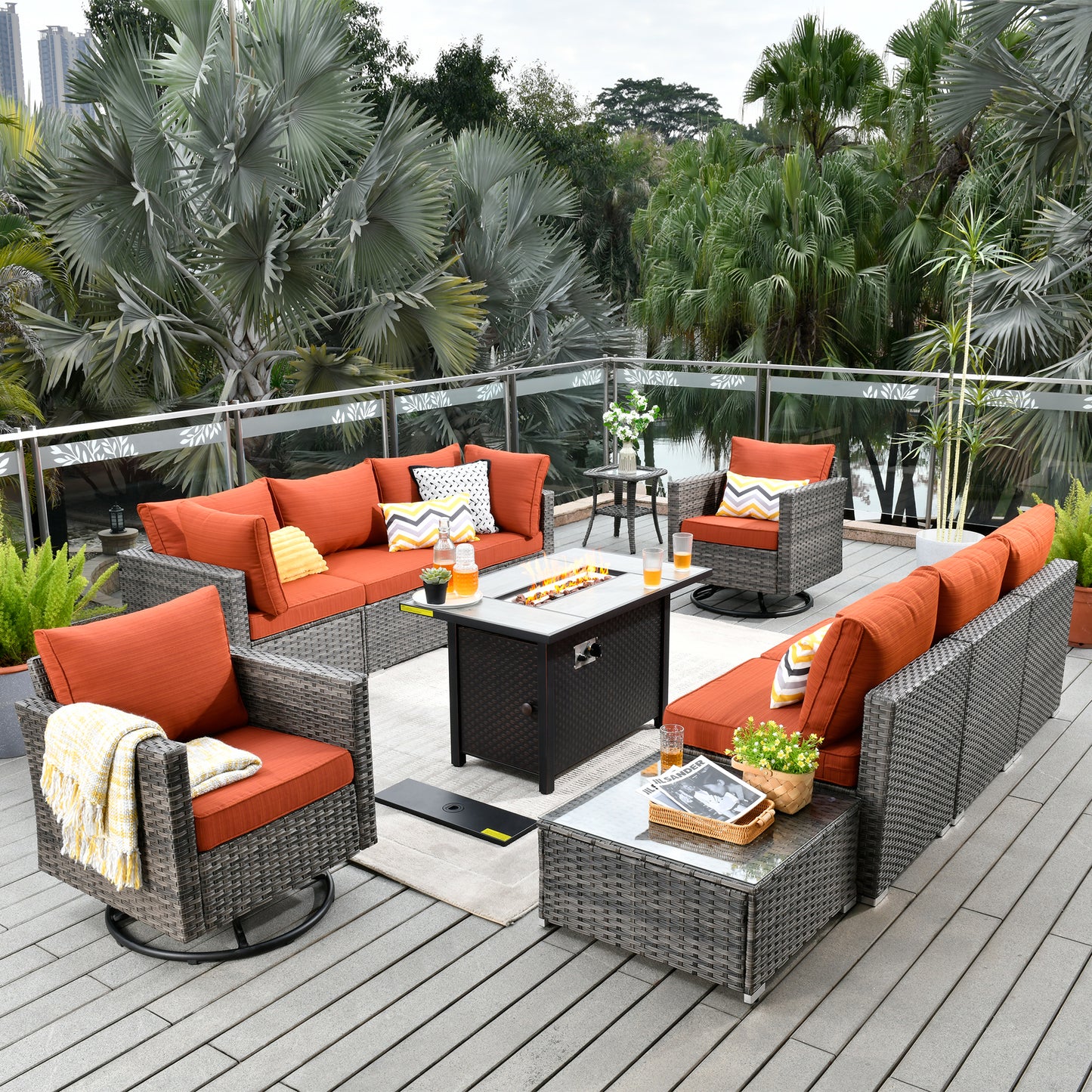 Toject 11 Pcs Paito Furniture Set, Outdoor Furniture Set with Swivel Chairs and Fire Pit