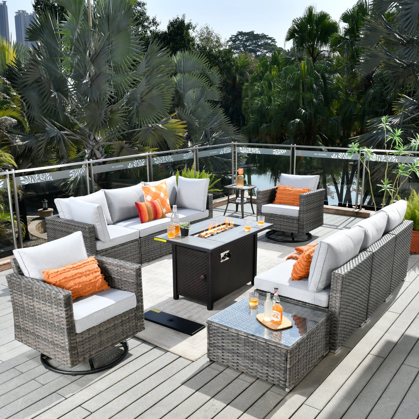 Toject 11 Pcs Paito Furniture Set, Outdoor Furniture Set with Swivel Chairs and Fire Pit