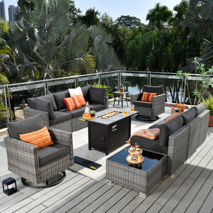 Toject 11 Pcs Paito Furniture Set, Outdoor Furniture Set with Swivel Chairs and Fire Pit