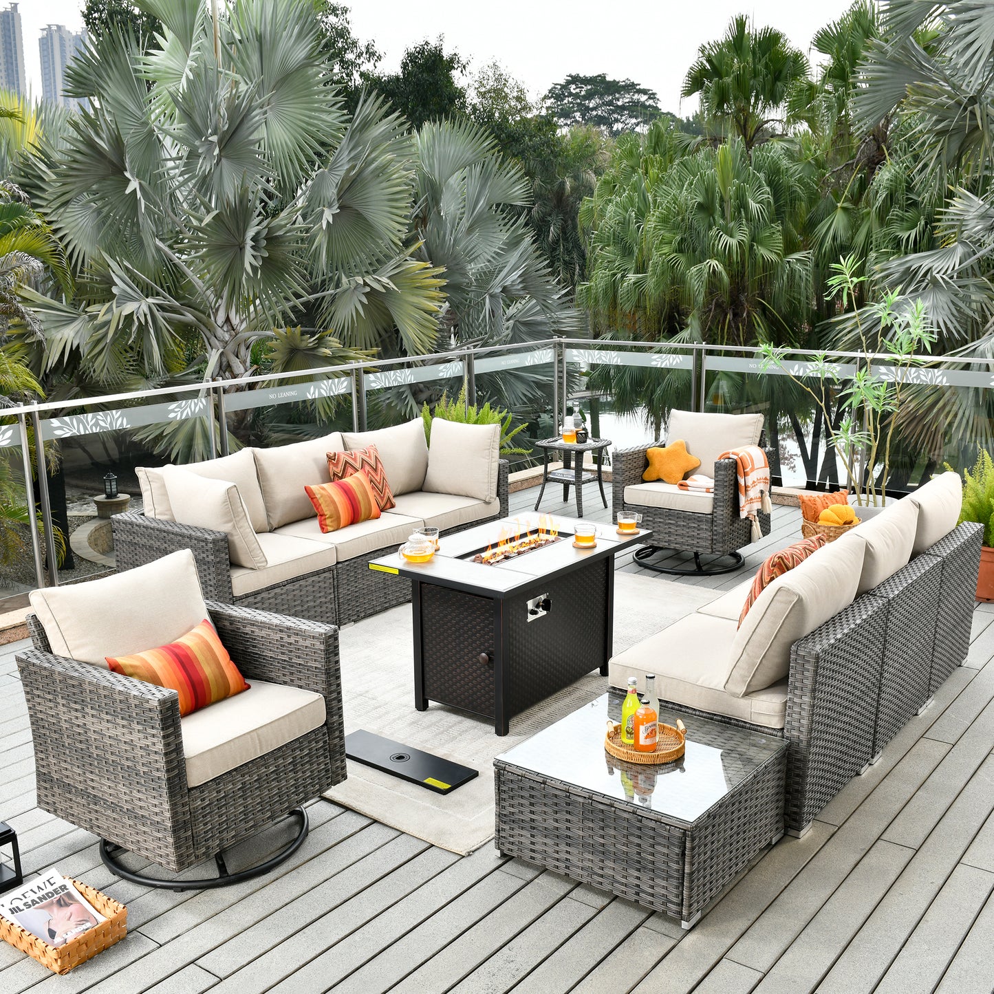 Toject 11 Pcs Paito Furniture Set, Outdoor Furniture Set with Swivel Chairs and Fire Pit