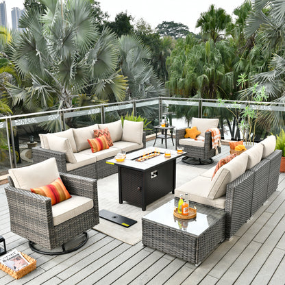 Toject 11 Pcs Paito Furniture Set, Outdoor Furniture Set with Swivel Chairs and Fire Pit