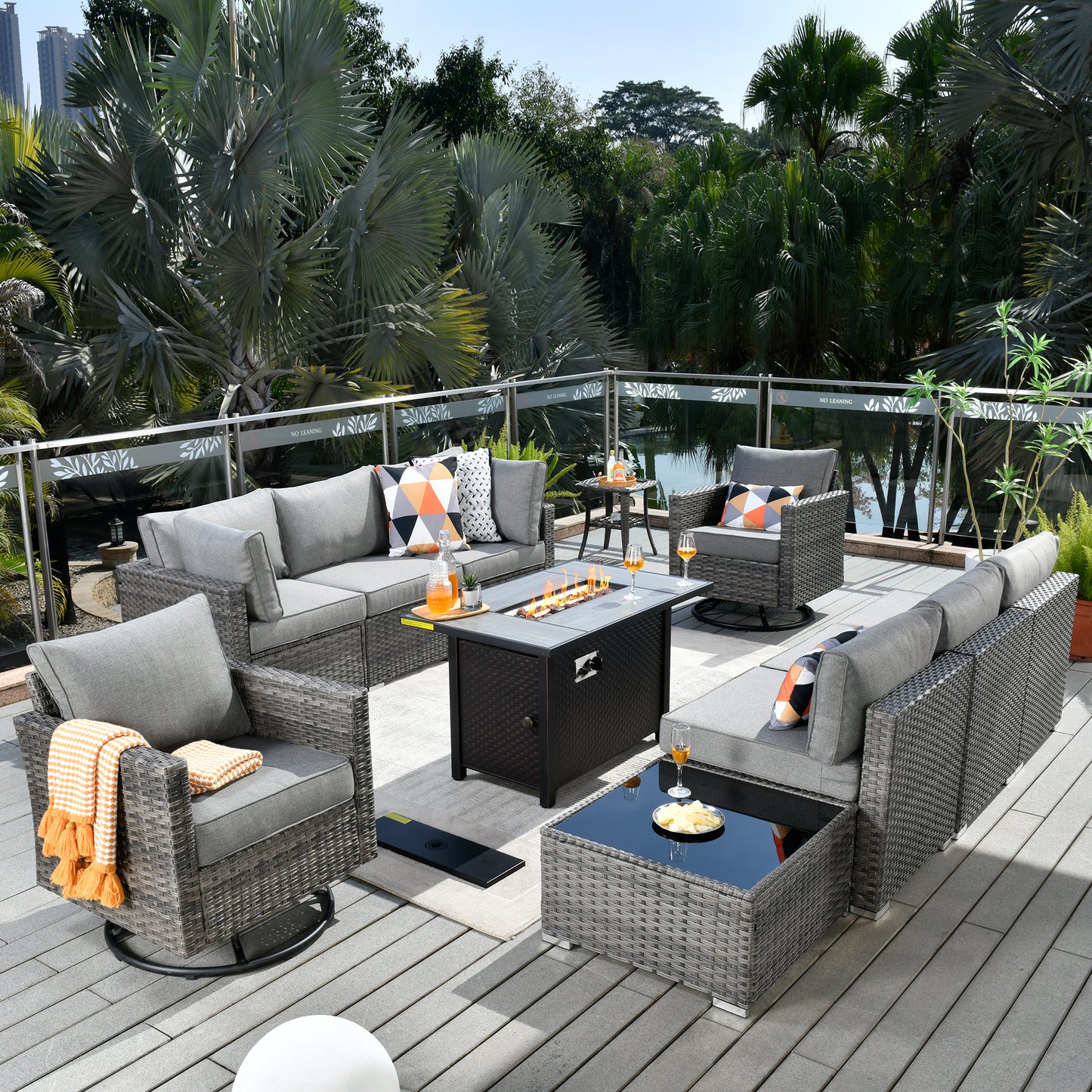 Toject 11 Pcs Paito Furniture Set, Outdoor Furniture Set with Swivel Chairs and Fire Pit
