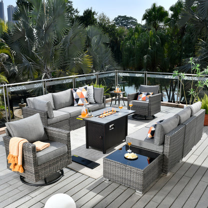 Toject 11 Pcs Paito Furniture Set, Outdoor Furniture Set with Swivel Chairs and Fire Pit